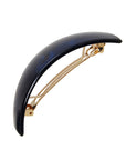 Side view of a navy blue France Luxe large barrette, with a spacious clasp for thick hair.