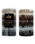 L. Erickson hair ties, 15 pack of Grab & Go Pony Tube, Thick, ivory, brown, metallic silver, metallic graphite hair bands.