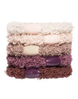 L. Erickson hair ties, 5 pack thick, fuzzy ponytail holders, brown, purple, beige, ivory soft bands.