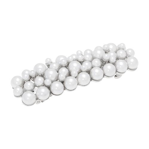 Pearl hair clip features various size white pearls making up a rectangle shaped clip with a silver tone French style barrette clasp, by L. Erickson