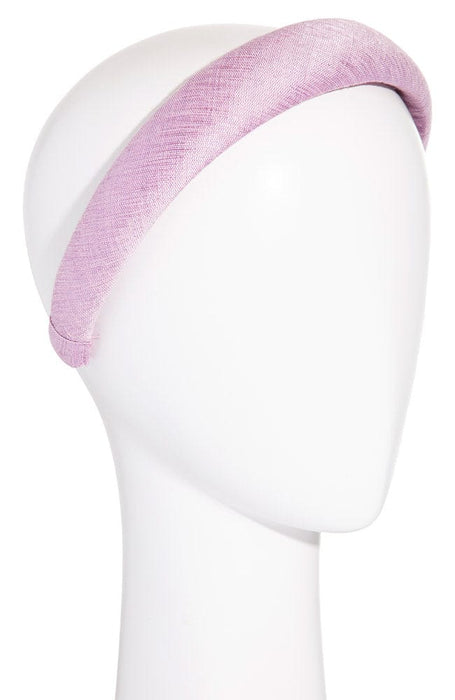 1 1/2" Padded Wide Headband, made of Lavender Purple 100% Silk Linen Matka, by L. Erickson USA, on manequin