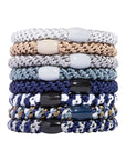 L. Erickson Grab & Go Ponytail holders. Blue hair ties include metallic white, beige, silver, slate, navy, navy stripes.