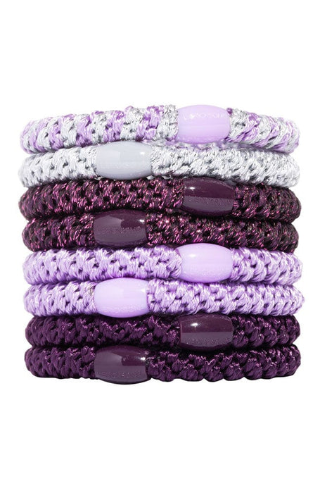 Thick, purple hair ties by L. Erickson, include light purple, dark purple, metallic purple, silver.