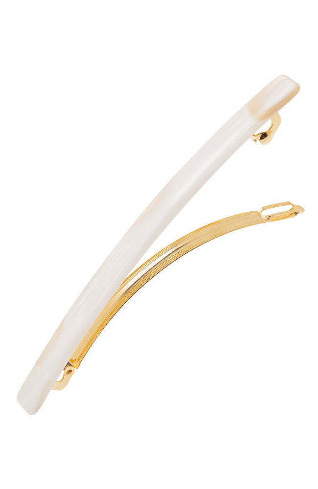 Long, marbled ivory white hair clip featuring a French barrette style clasp, ideal for fine to medium hair - Long &amp; Skinny Barrette, Alba.