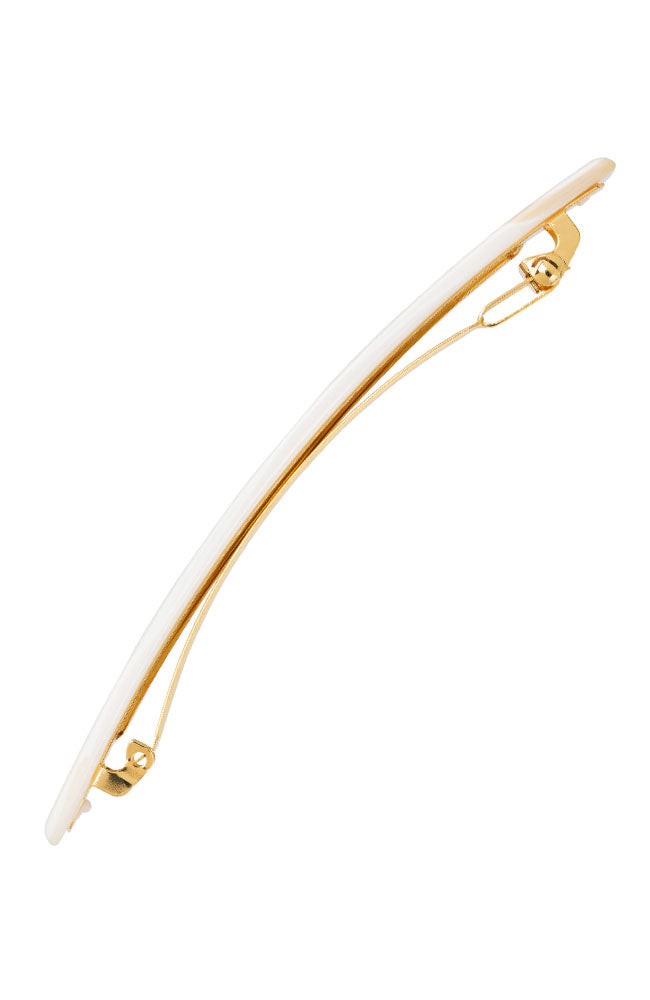 Side view of a white France Luxe long barrette, ideal for fine to medium hair.