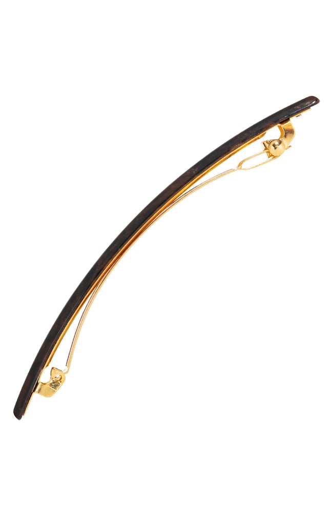 Side view of a metallic brown France Luxe long barrette, ideal for fine to medium hair.
