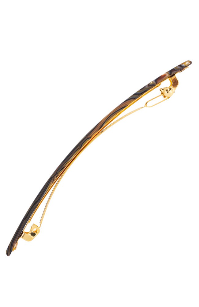 Side view of a grey France Luxe long barrette, ideal for fine to medium hair.