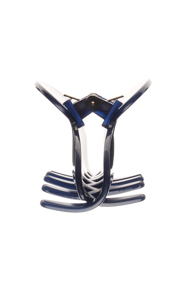 Side view of a navy blue France Luxe small claw hair clip, ideal for fine hair or small sections.