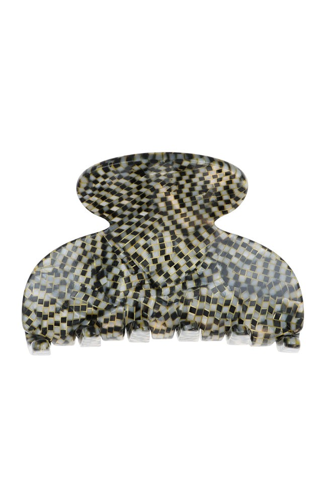 Small, French claw hair clip ideal for fine hair or small sections - Small Couture French Claw Clip, Opera Silver, pixelated mosaic of silver with black.