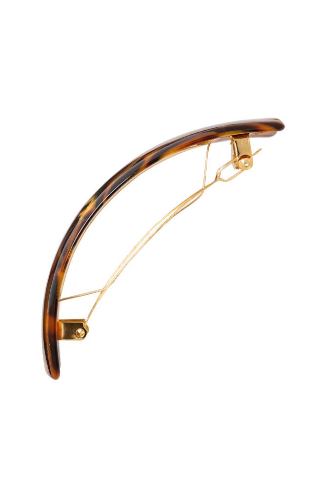 Side view of a brown France Luxe large barrette, with a spacious clasp for thick hair.