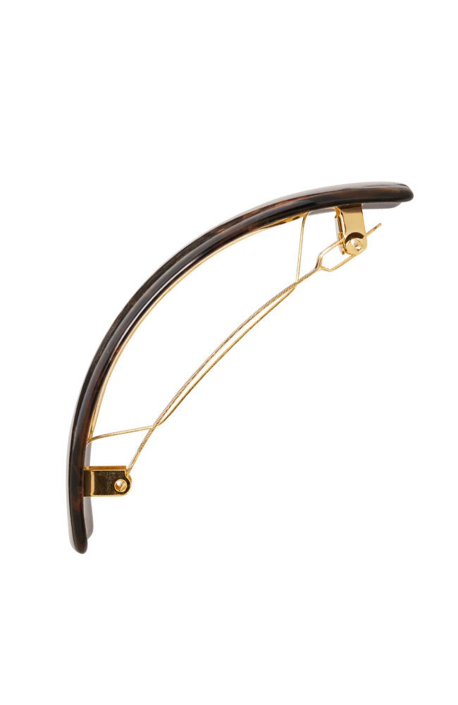 Side view of a metallic brown France Luxe large barrette, with a spacious clasp for thick hair.