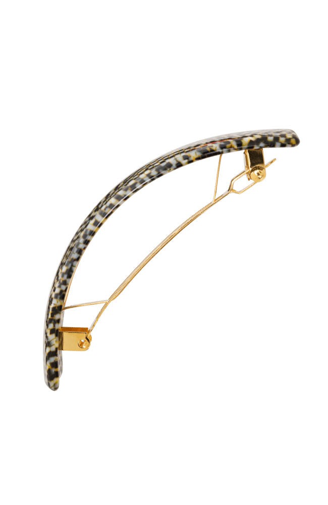 Side view of a silver France Luxe large barrette, with a spacious clasp for thick hair.