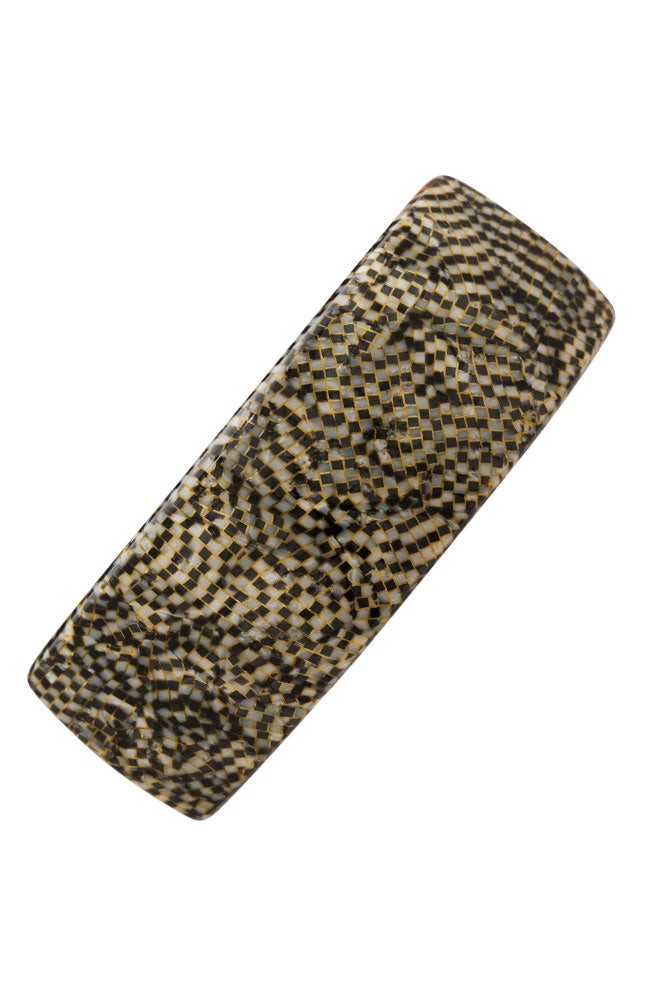 Large, French barrette ideal for thick hair - Rectangle Volume Barrette, Opera Silver, pixelated mosaic of silver with black.
