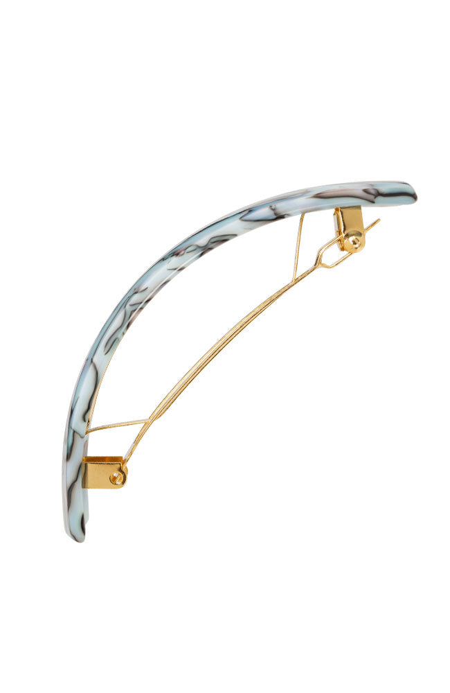 Side view of a light blue France Luxe large barrette, with a spacious clasp for thick hair.
