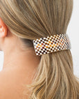Womens large Barrette, ideal for thick hair, seen styling pulled back, blonde, straight hair.