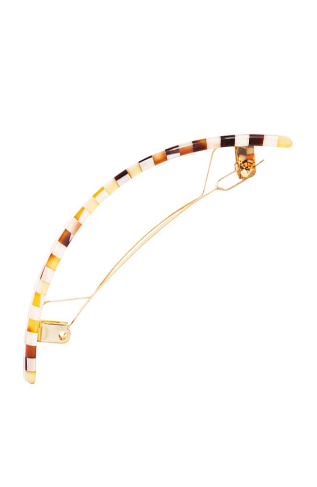 Side view of a checkered tortoise France Luxe large barrette, with a spacious clasp for thick hair.