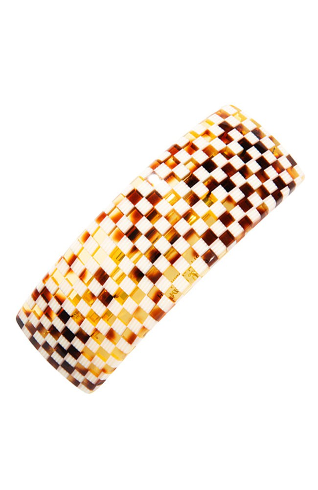Large, French barrette ideal for thick hair - Rectangle Volume Barrette, Damier, checkered tortoise and ivory.