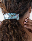 Womens large Barrette, ideal for thick hair, seen styling pulled back, brown, curly hair.