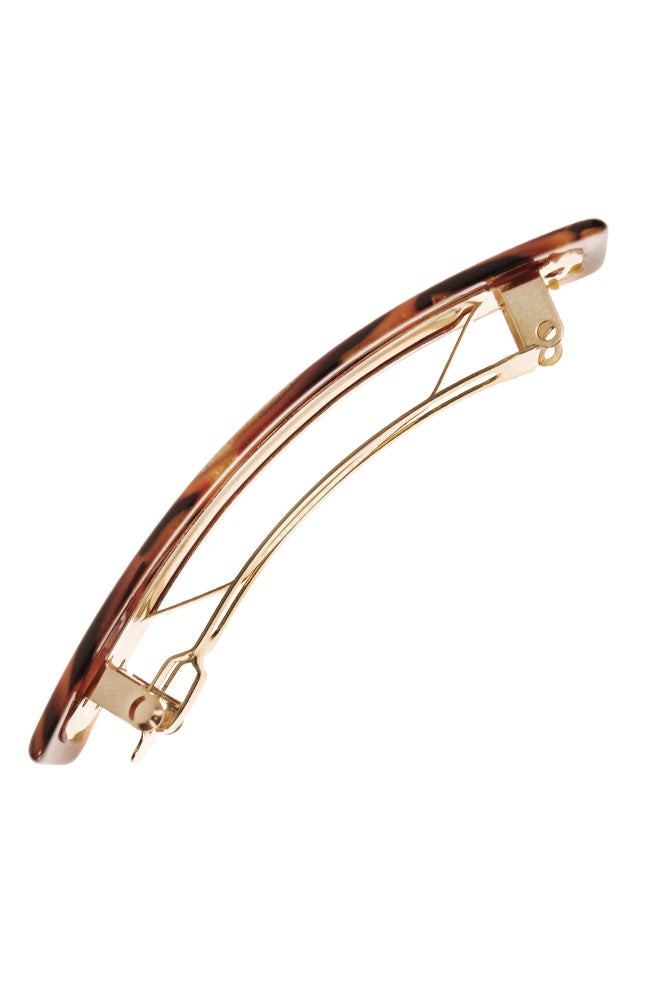 Side view of a brown France Luxe Classic French Barrette, ideal for most hair types.