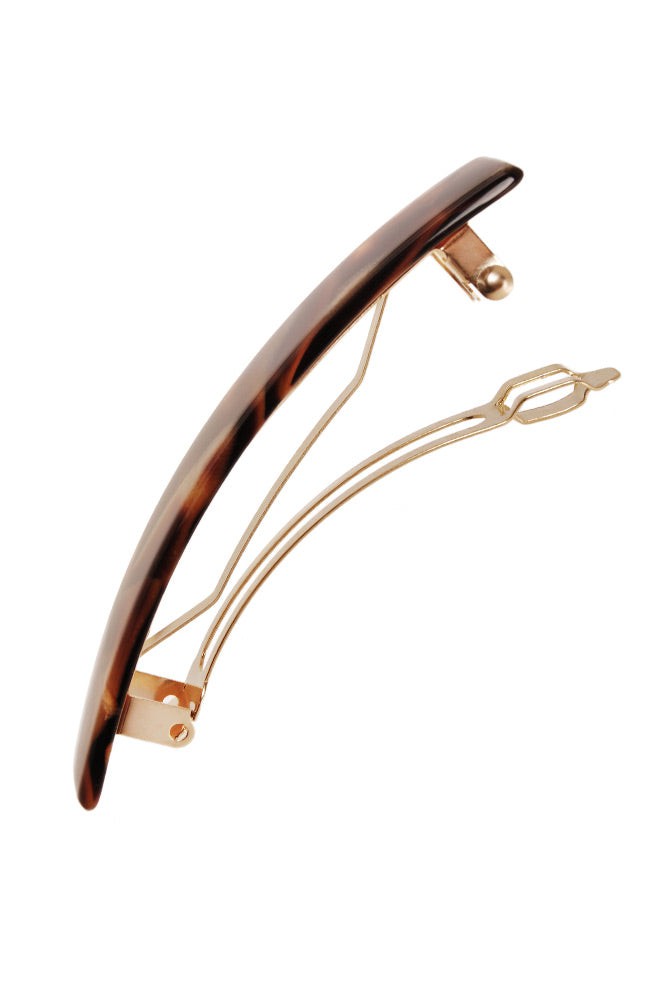Medium hair clip featuring a classic French barrettes style clasp, ideal for most hair types - Classic Rectangle Barrette, textured bronze and amber.
