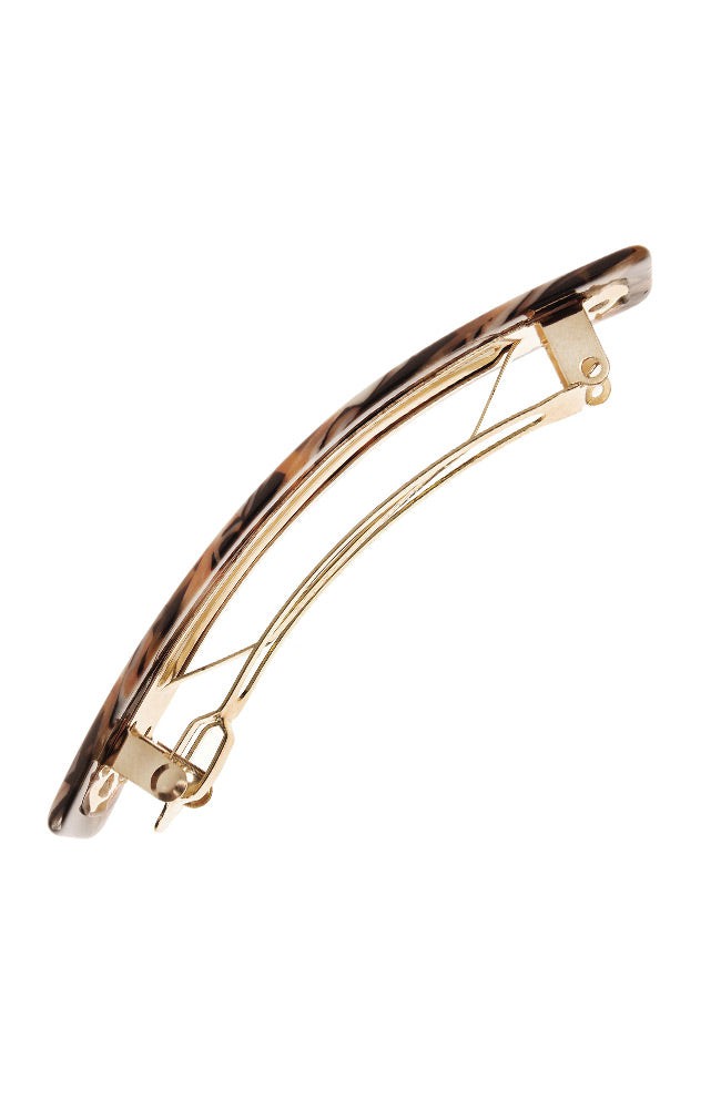 Side view of a brown France Luxe Classic French Barrette, ideal for most hair types.