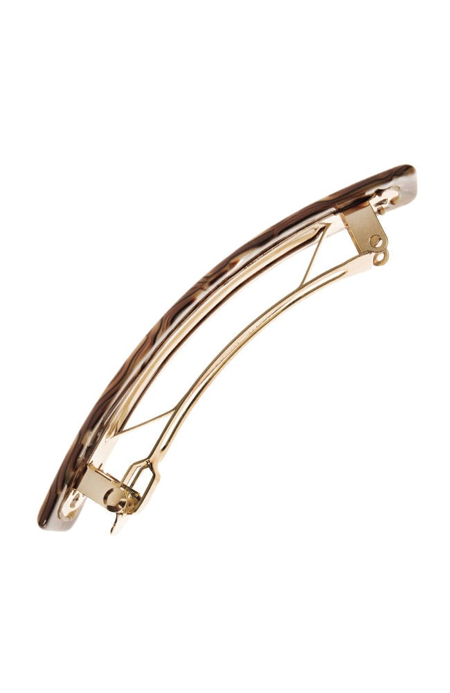 Side view of a grey France Luxe Classic French Barrette, ideal for most hair types.