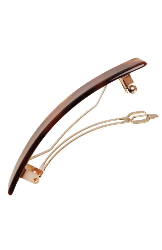 Medium hair clip featuring a classic French barrettes style clasp, ideal for most hair types - Classic Rectangle Barrette, rich amber and mahogany brown.