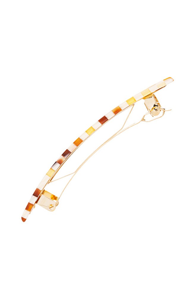 Side view of a checkered tortoise France Luxe Classic French Barrette, ideal for most hair types.
