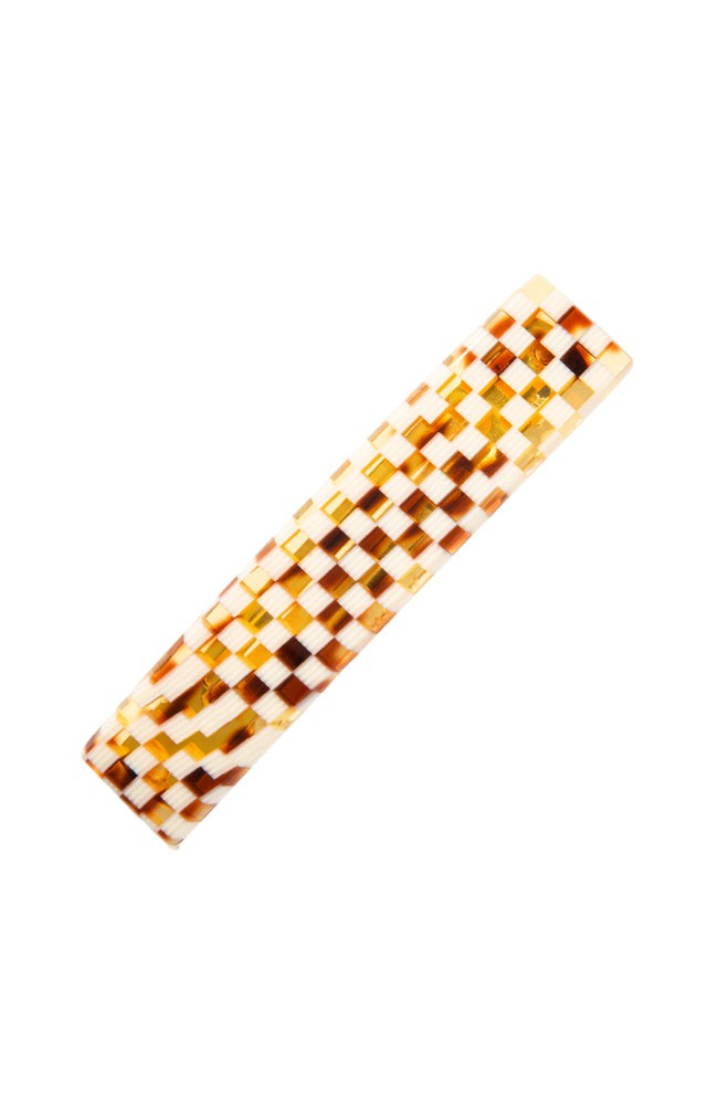 Medium, French barrette ideal for most hair types - Classic Rectangle Barrette, Damier, checkered tortoise and ivory.