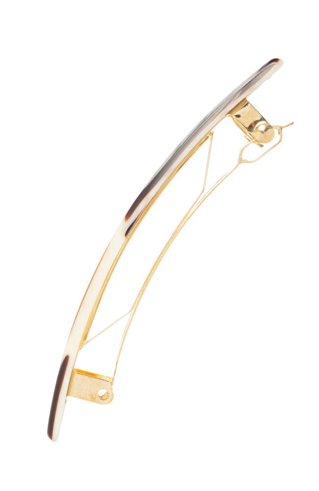 Side view of a brown France Luxe Classic French Barrette, ideal for most hair types.