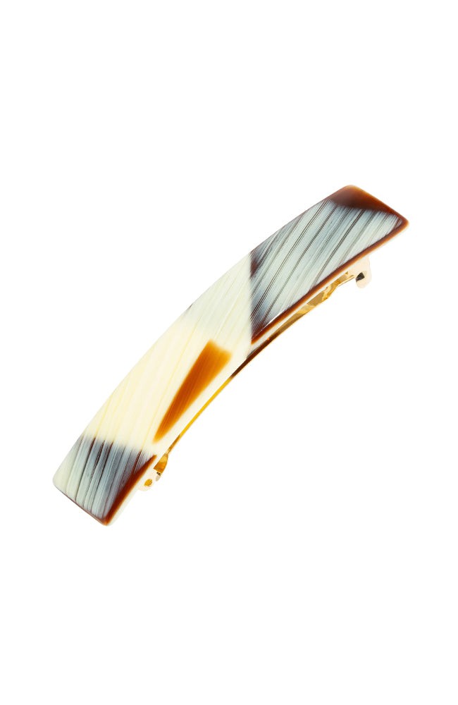 France Luxe medium, horn inspired blend of creamy ivory, warm caramel, and chestnut brown barrette for women - Classic Rectangle Barrette, Natural Horn.