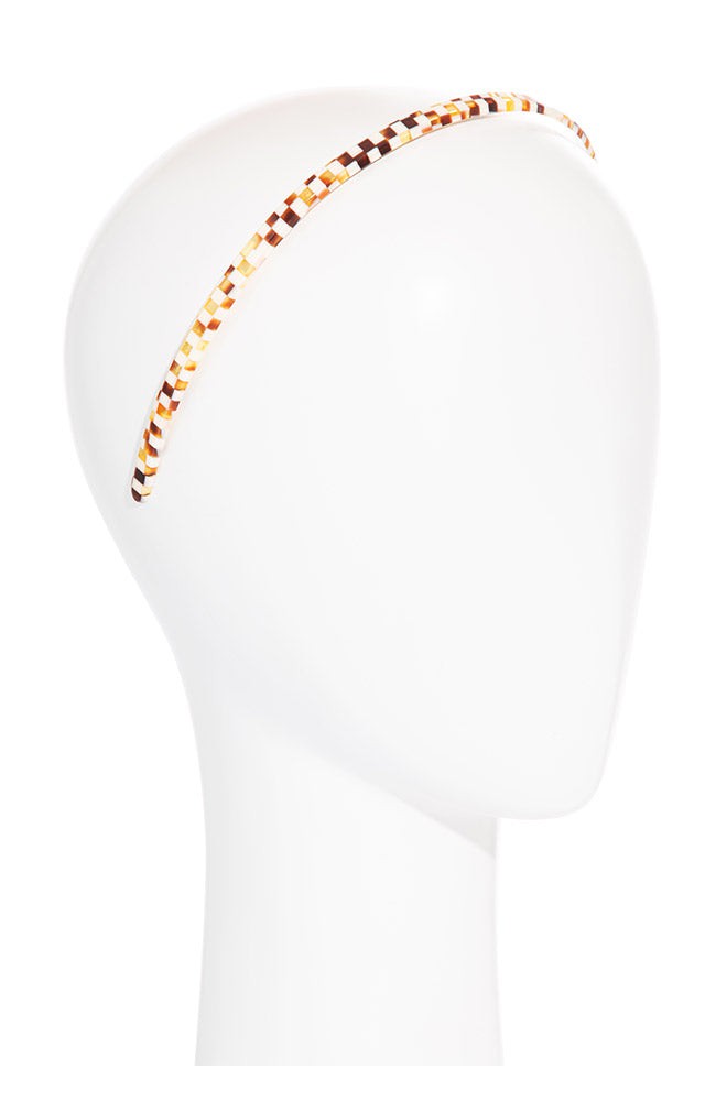 Thin headband features gentle, no-slip teeth, ideal for all hair types - 1/4" Ultracomfort Headband, Damier, checkered tortoise and ivory.