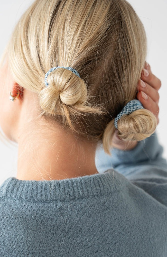 Pink hair ties styling cute double buns. L. Erickson Grab &amp; Go Pony, Tutu.