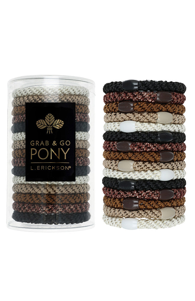 L. Erickson hair ties for thick hair, 15 pack Grab &amp; Go Pony Tube with neutral multi hair bands.