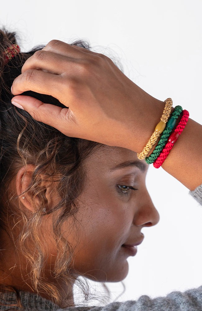 Christmas hair accessories, thick hair ties bracelets with style. L. Erickson ponytail holders for thick hair.