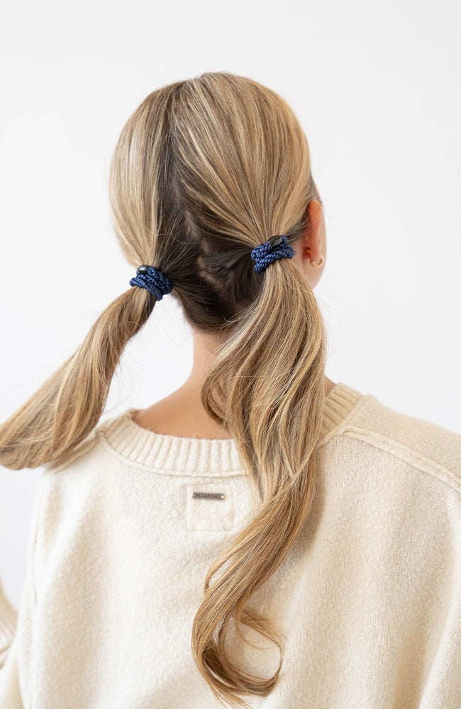 L. Erickson thick hair ties, Blue, Aqua, Navy, Periwinkle, Indigo. Strong, durable, damage-free.
