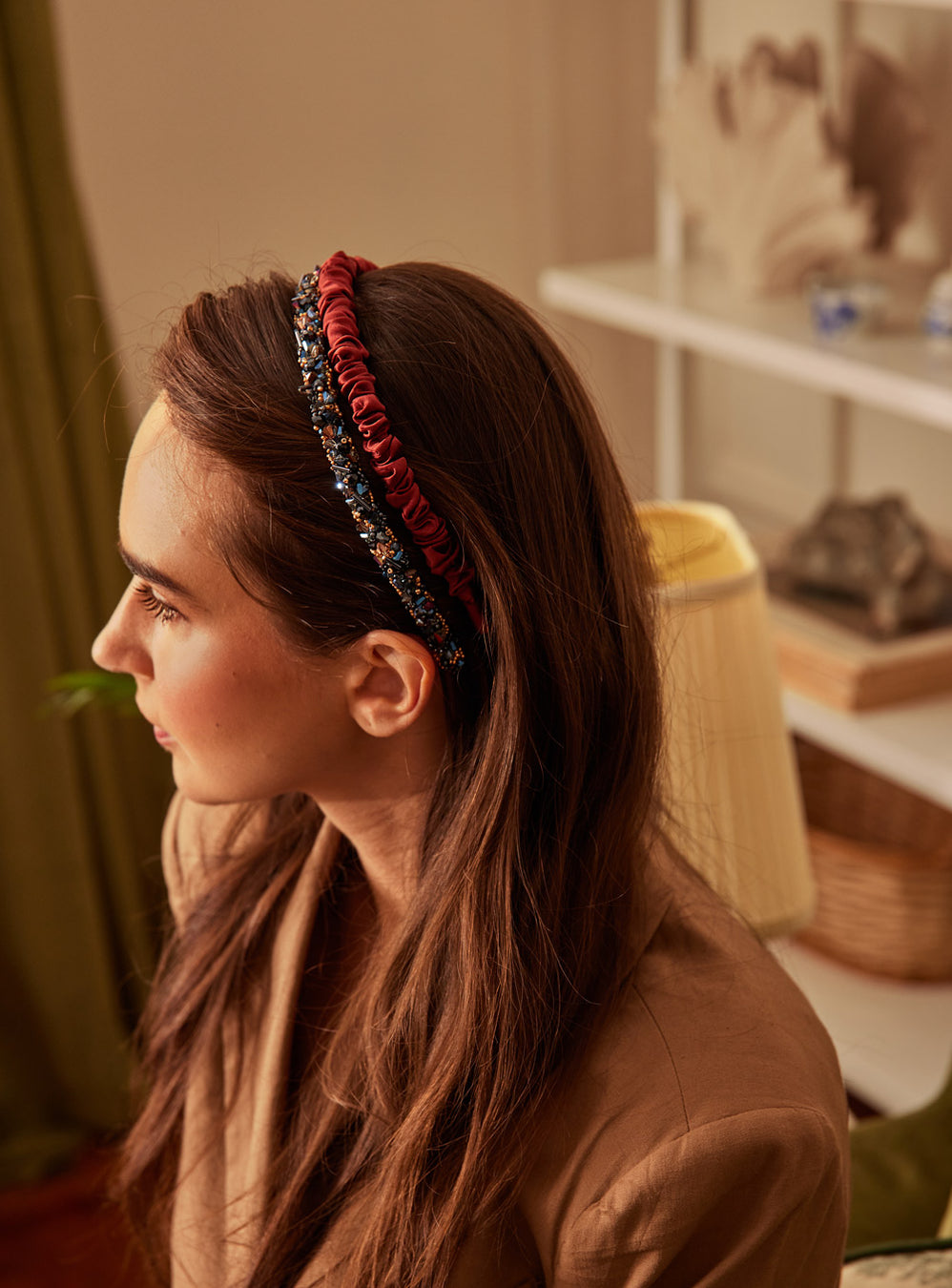 Crystal Headband pair with silk headband pictured in brown hair