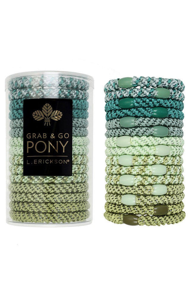L. Erickson hair ties, 15 pack of Grab &amp; Go  Pony Tube, Thick, green, olive, sage, teal hair bands.