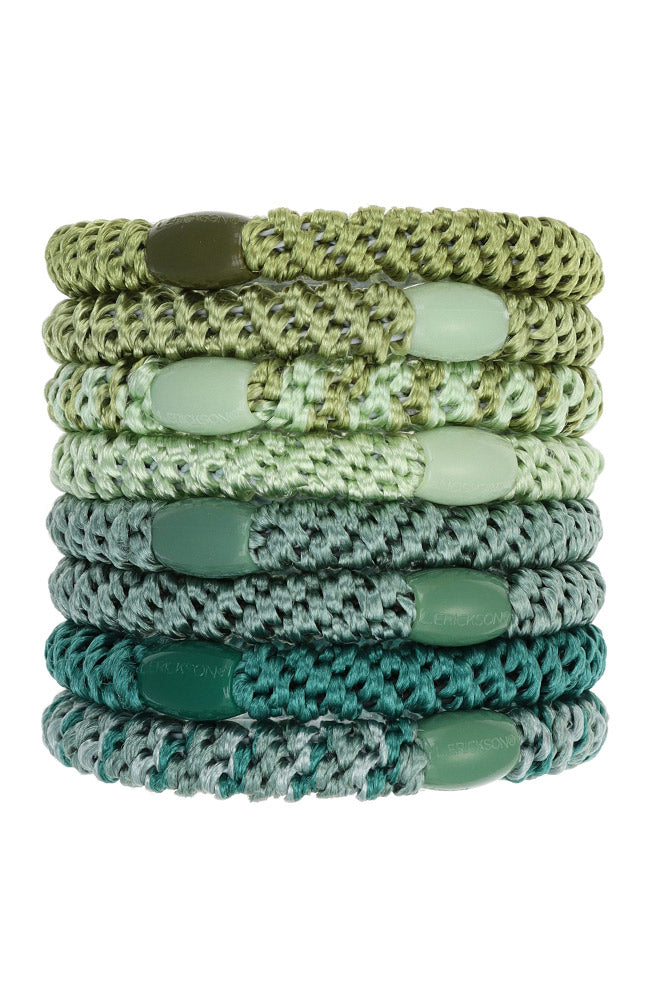 Thick, Green Hair Ties by L. Erickson, 8 Grab and Go Ponytail Holders, strong hold for thick hair.