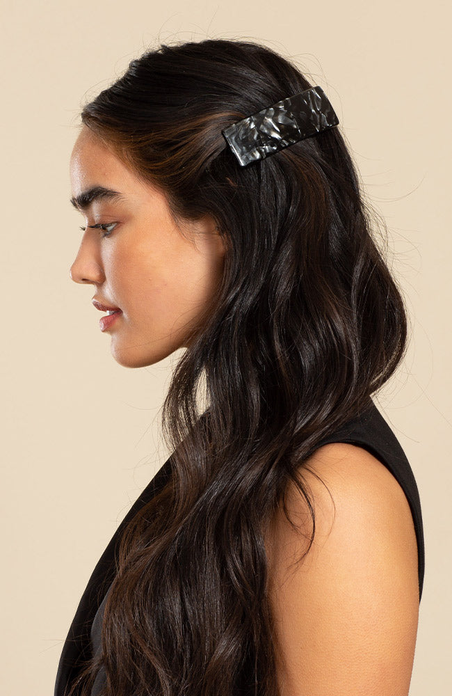 Womens Black, large, French Barrette styling side-swept, black, straight hair. Hair accessory by France Luxe.