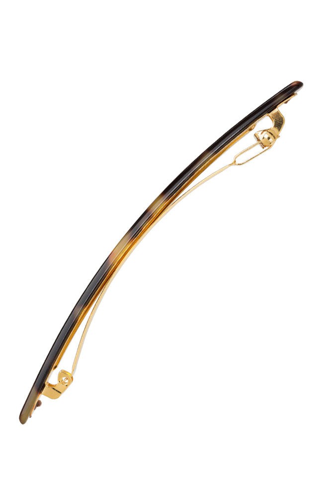 Side view of a classic tortoiseshell France Luxe long barrette, ideal for fine to medium hair.