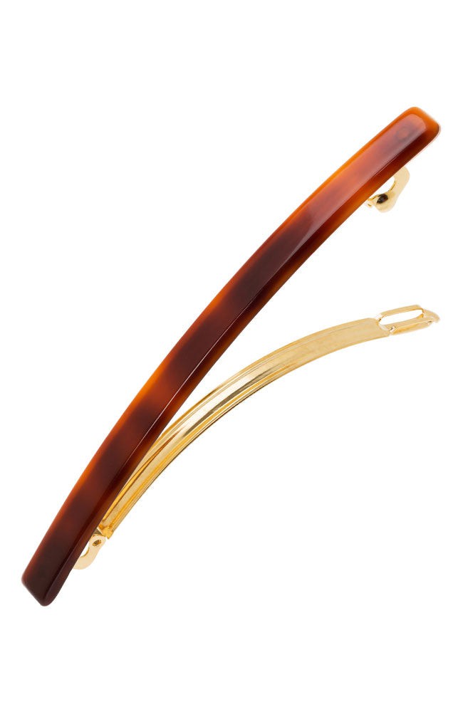 Long, rich amber and mahogany brown hair clip featuring a French barrette style clasp, ideal for fine to medium hair - Long &amp; Skinny Barrette, Tortoise.