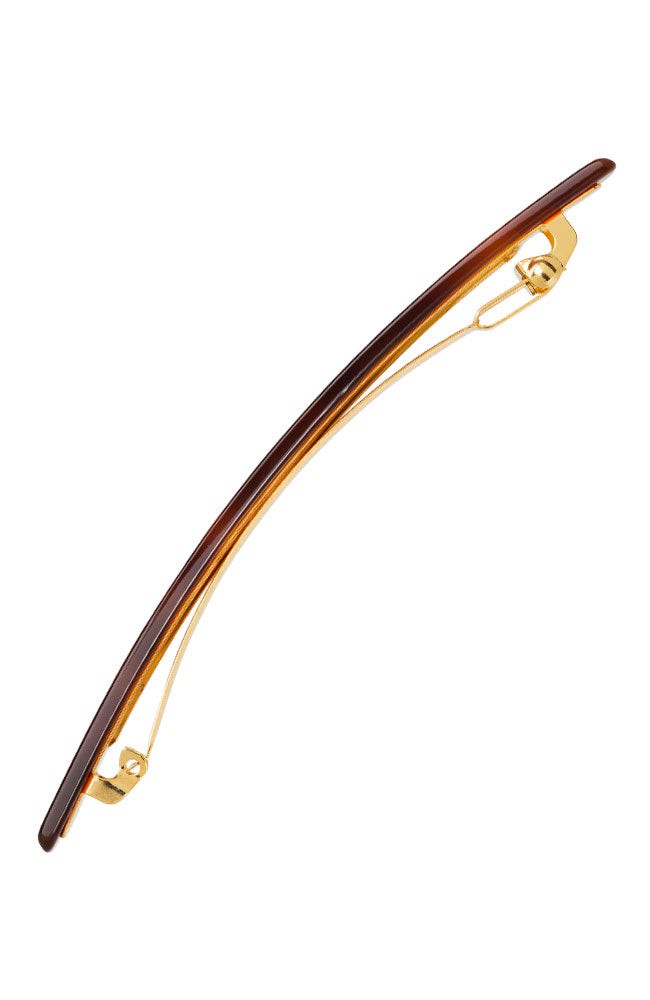 Side view of a tortoiseshell France Luxe long barrette, ideal for fine to medium hair.