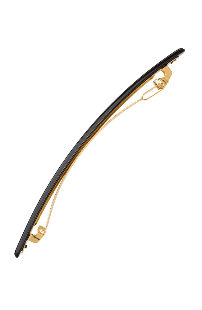 Side view of a black France Luxe long barrette, ideal for fine to medium hair.