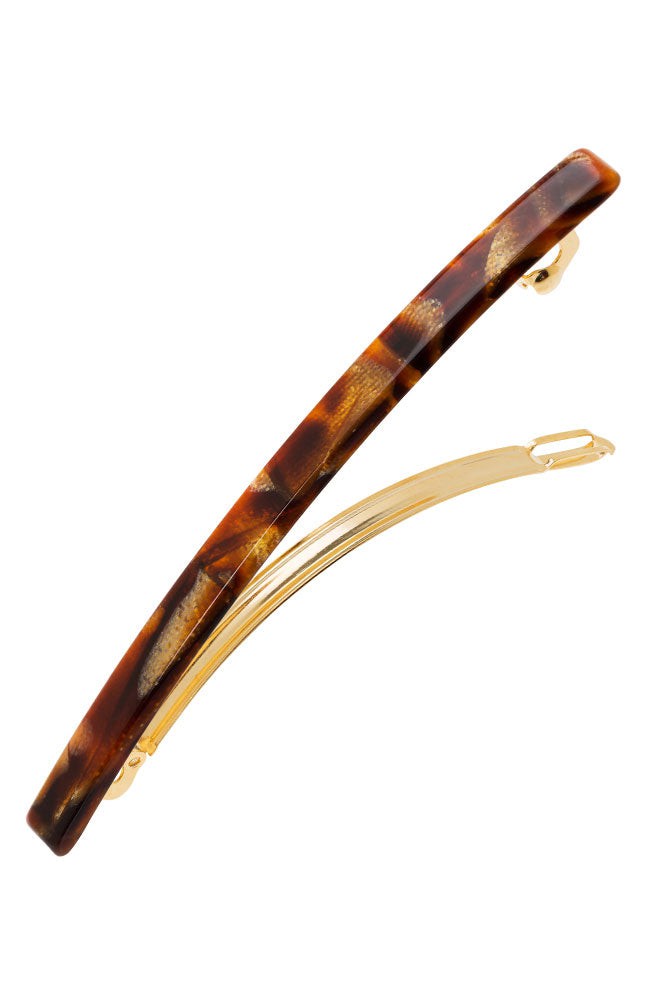 Long, textured bronze and amber hair clip featuring a French barrette style clasp, ideal for fine to medium hair - Long &amp; Skinny Barrette, Africa.