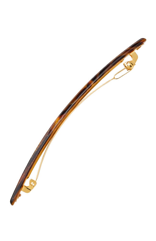 Side view of a brown France Luxe long barrette, ideal for fine to medium hair.