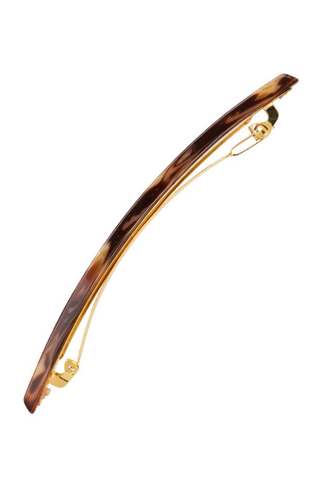 Side view of a brown France Luxe long barrette, ideal for fine to medium hair.