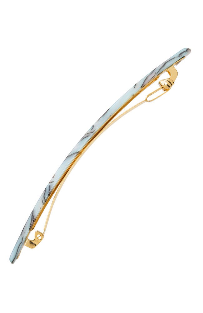 Side view of a light blue France Luxe long barrette, ideal for fine to medium hair.