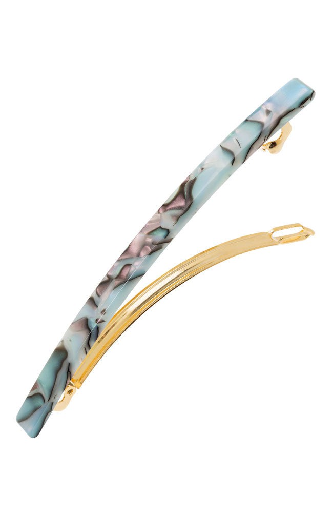 Long, light blue, faux shell hair clip featuring a French barrette style clasp, ideal for fine to medium hair - Long &amp; Skinny Barrette, South Sea.