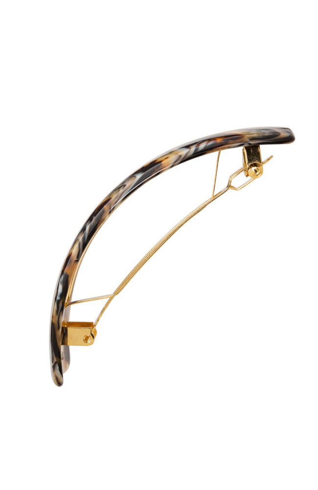 Side view of a brown France Luxe large barrette, with a spacious clasp for thick hair.